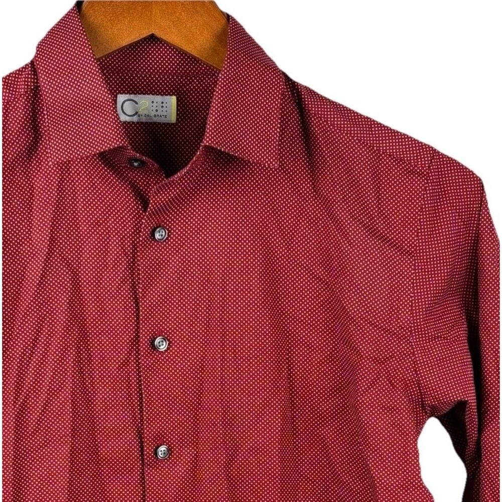 Calibrate Mens Dress Shirt Trim Fit Size 16 Red Polka Dot Button Up C2 36” Chest